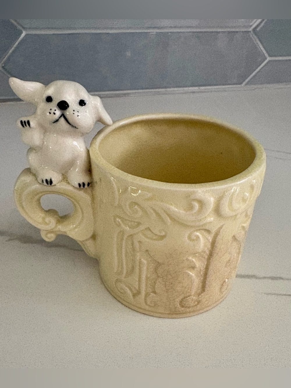 Vintage Whimsical 3D Dog Handle Ceramic Mug | Textured Embossed Puppy Cup